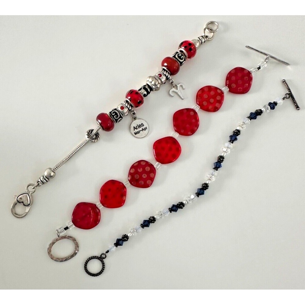 Beaded Bracelet Red Aires Horoscope Blue Crystals Set of 3 Toggle Silver Tone